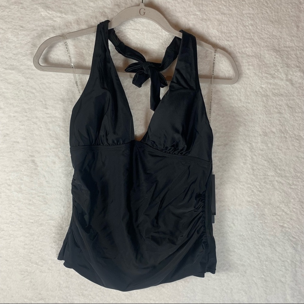 TOMMY HILFIGER Women's Black Stretch Shirred Waist Halter‎ Tankini Swimsuit Top